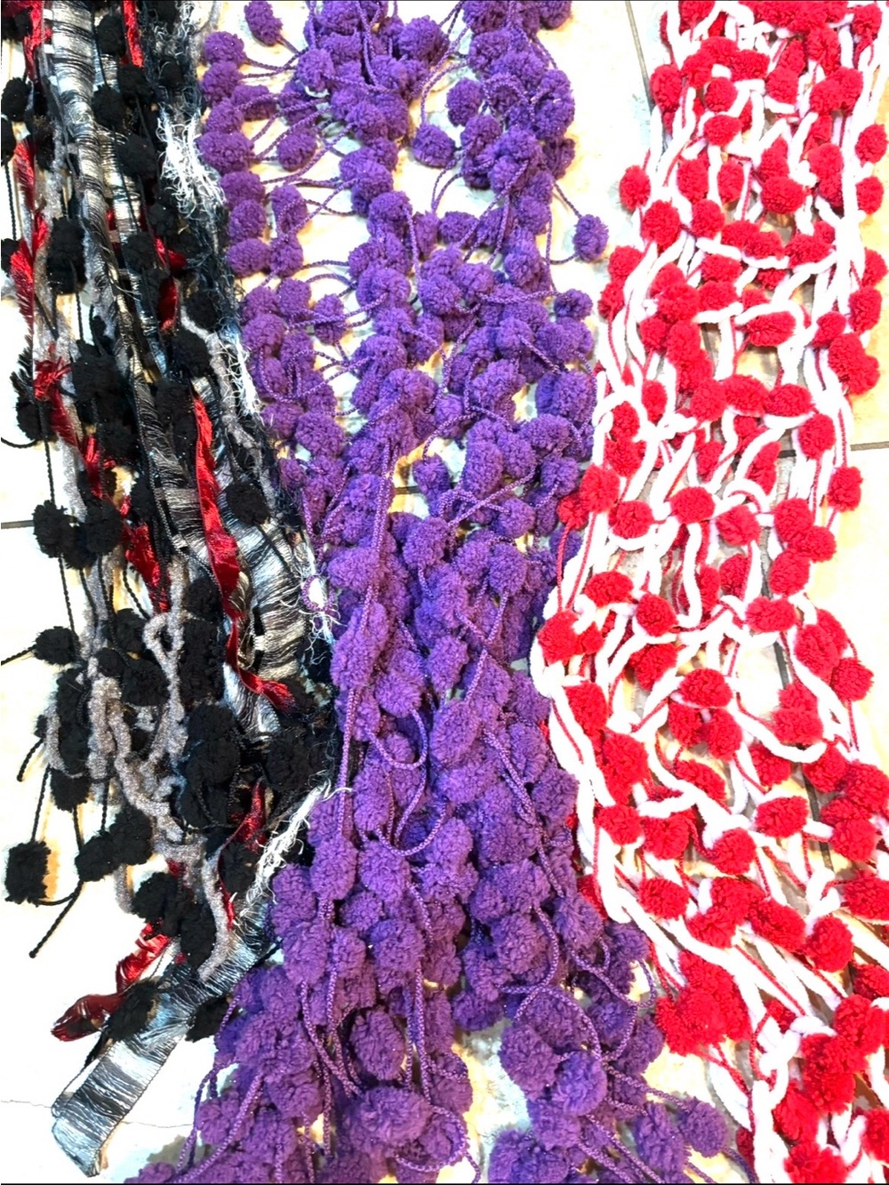 Women’s Pom-Pom Scarf - Purple, Red & Black